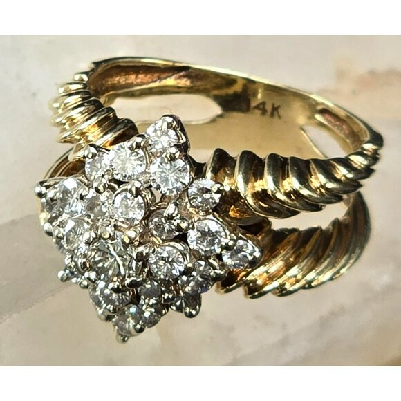 Vintage 14K Gold Diamond Cluster Ring Yellow & White Gold Size 5.2  JH174 - Picture 9 of 16